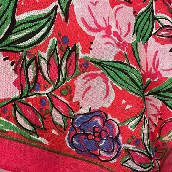 Bright floral square woven cottony fabric scarf in pinks, coral red & periwinkle - Picture 3 of 8